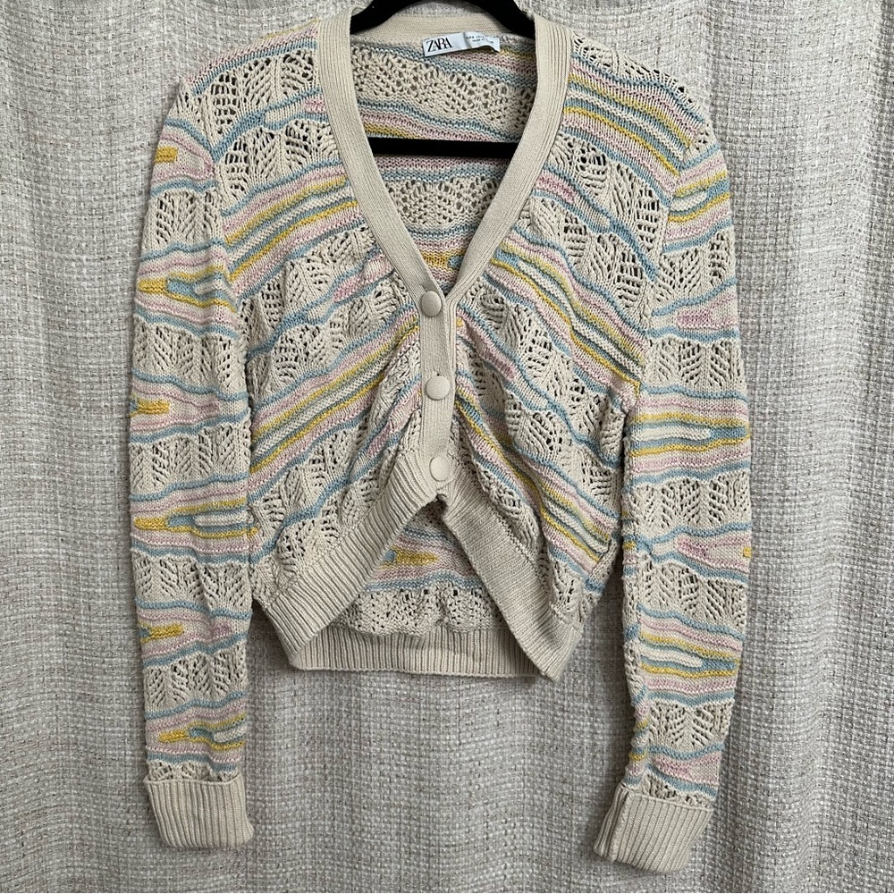 Zara Multicolor Pointelle Knit V-Neck Cardigan Sweater Pastel Size Small - Picture 3 of 4